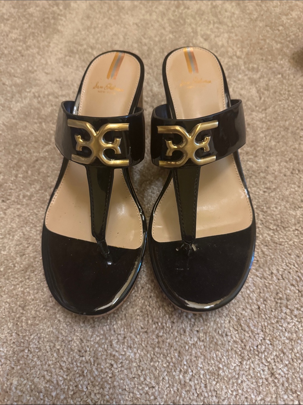 Black Patent Thong Sandals with Gold Accent - Women